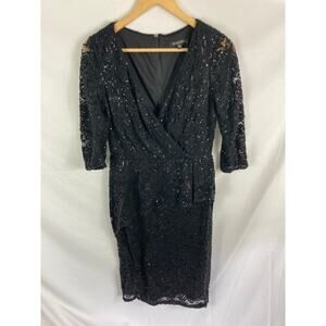 Marina Sequin Lace Faux Wrap Black Dress Size 8